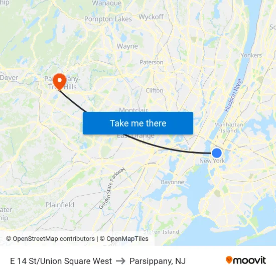 E 14 St/Union Square West to Parsippany, NJ map