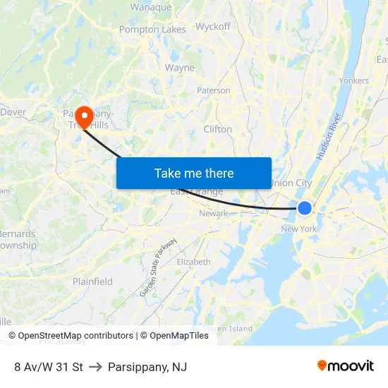 8 Av/W 31 St to Parsippany, NJ map