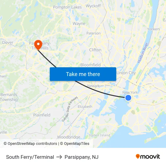 South Ferry/Terminal to Parsippany, NJ map