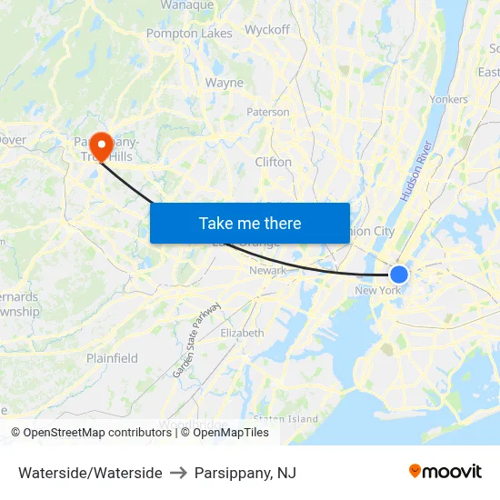 Waterside/Waterside to Parsippany, NJ map