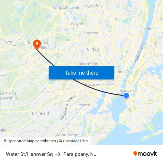 Water St/Hanover Sq to Parsippany, NJ map