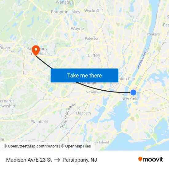 Madison Av/E 23 St to Parsippany, NJ map