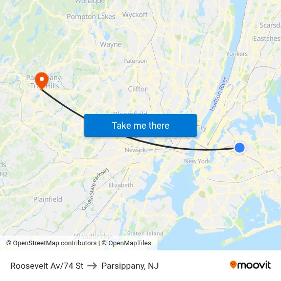 Roosevelt Av/74 St to Parsippany, NJ map