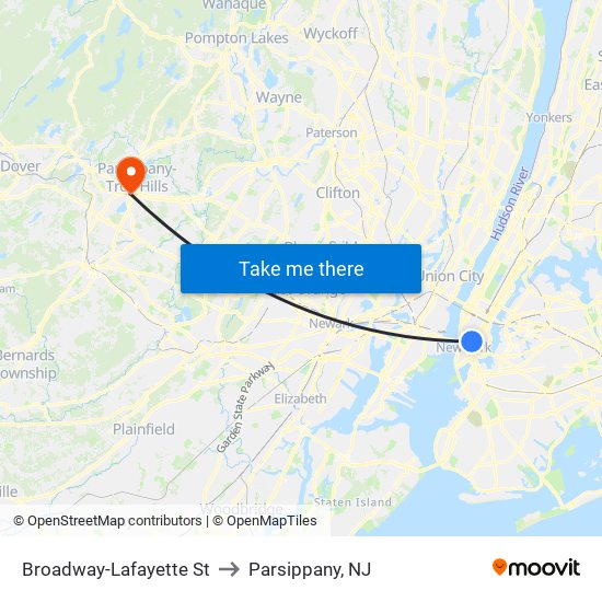 Broadway-Lafayette St to Parsippany, NJ map