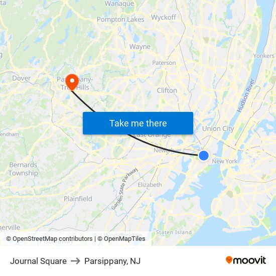 Journal Square to Parsippany, NJ map