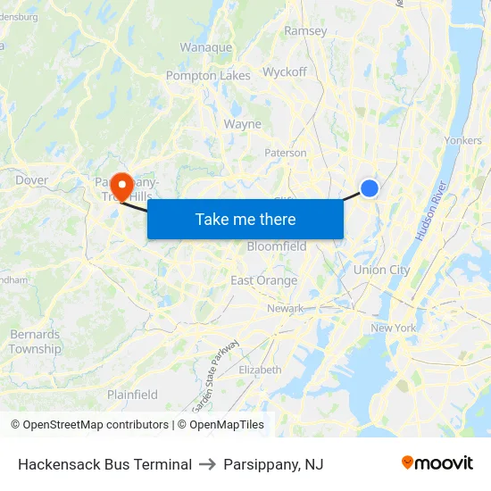 Hackensack Bus Terminal to Parsippany, NJ map