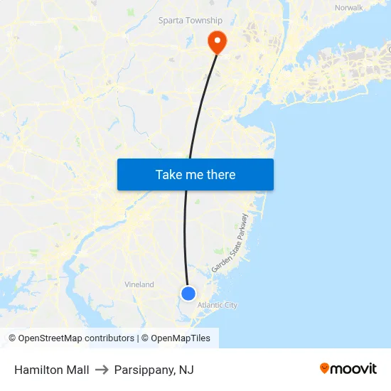 Hamilton Mall to Parsippany, NJ map