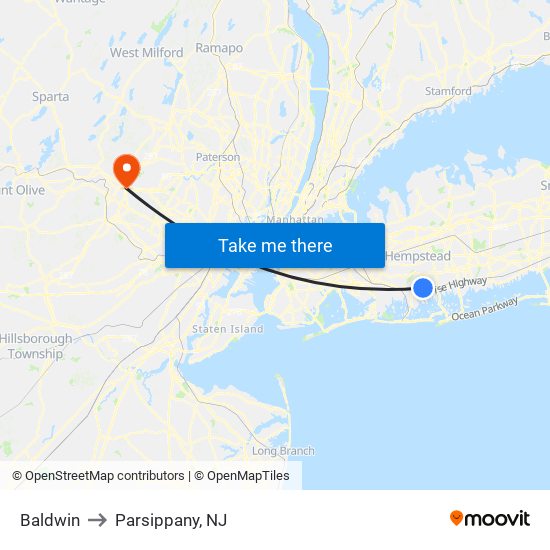 Baldwin to Parsippany, NJ map