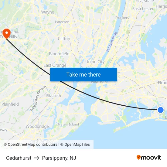 Cedarhurst to Parsippany, NJ map