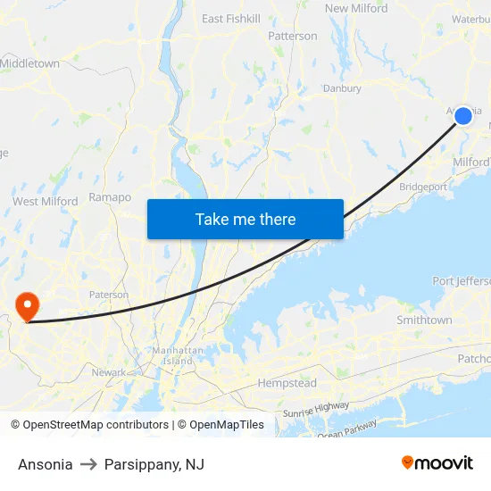 Ansonia to Parsippany, NJ map