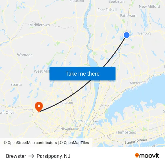 Brewster to Parsippany, NJ map