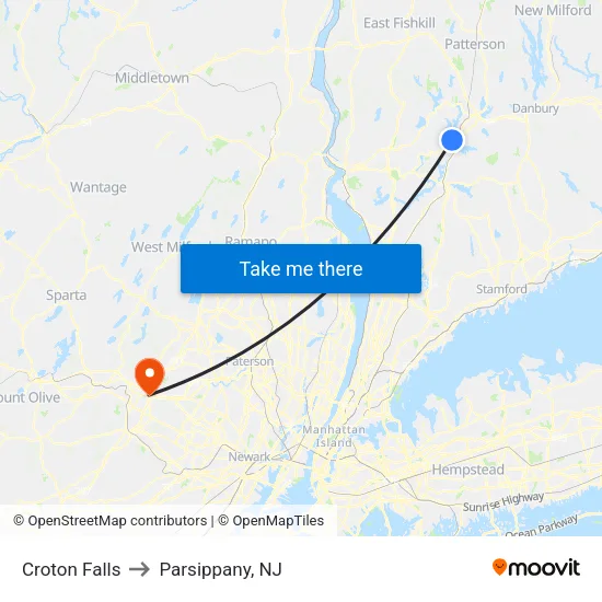 Croton Falls to Parsippany, NJ map