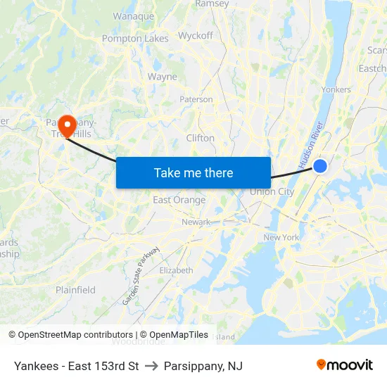 Yankees - East 153rd St to Parsippany, NJ map