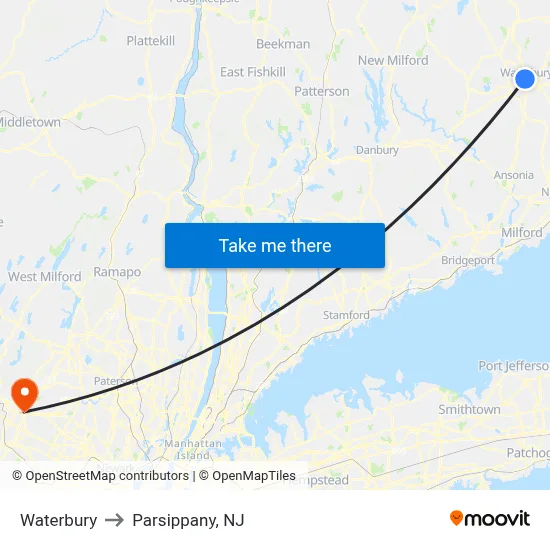 Waterbury to Parsippany, NJ map