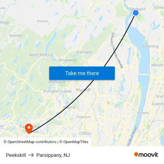 Peekskill to Parsippany, NJ map