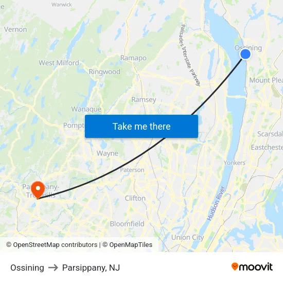 Ossining to Parsippany, NJ map