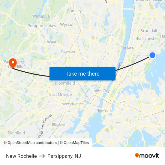 New Rochelle to Parsippany, NJ map