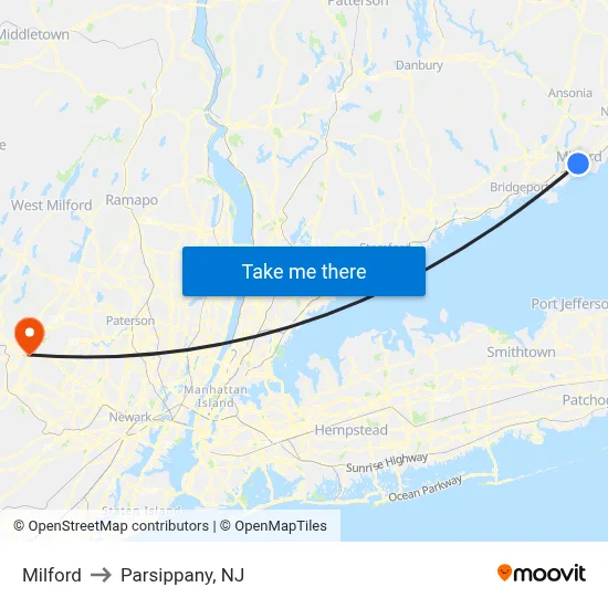 Milford to Parsippany, NJ map