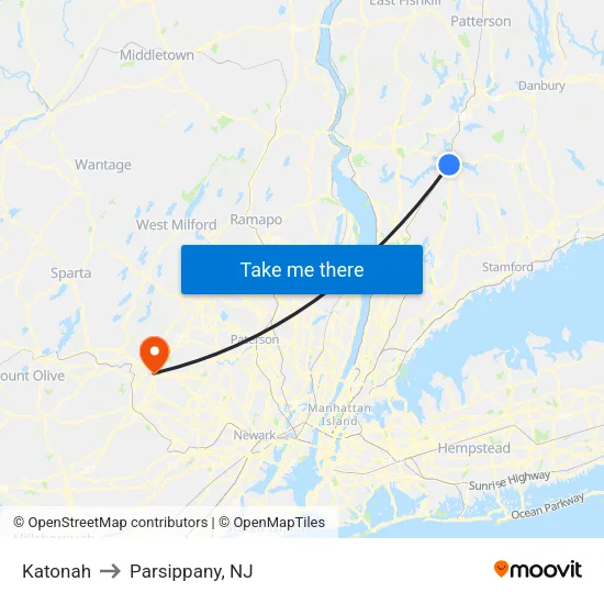 Katonah to Parsippany, NJ map