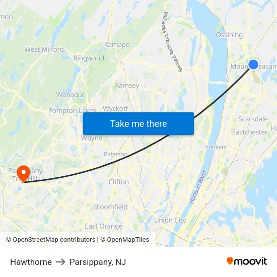 Hawthorne to Parsippany, NJ map