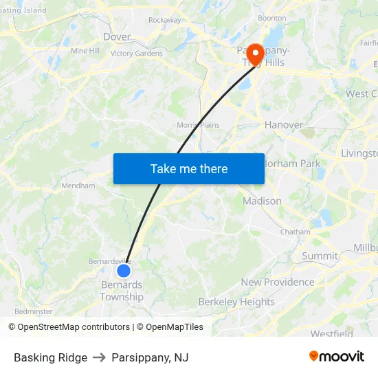 Basking Ridge to Parsippany, NJ map
