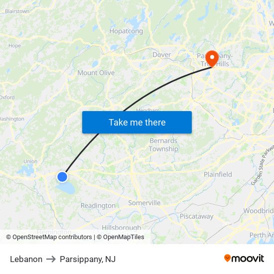 Lebanon to Parsippany, NJ map