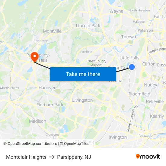Montclair Heights to Parsippany, NJ map