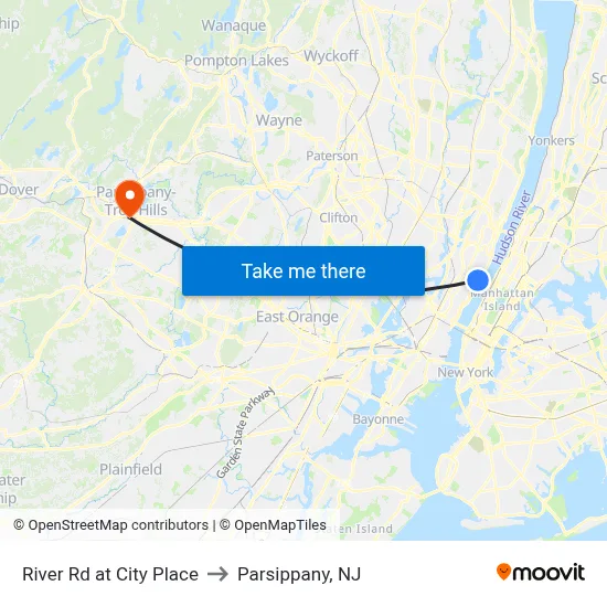 River Rd at City Place to Parsippany, NJ map