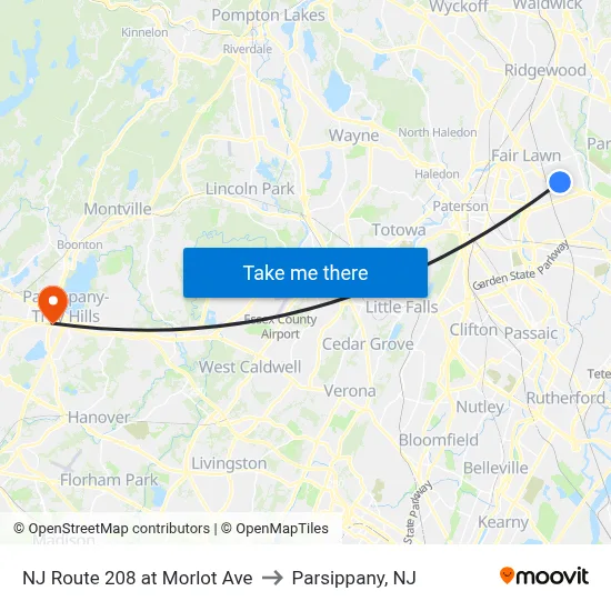 NJ Route 208 at Morlot Ave to Parsippany, NJ map