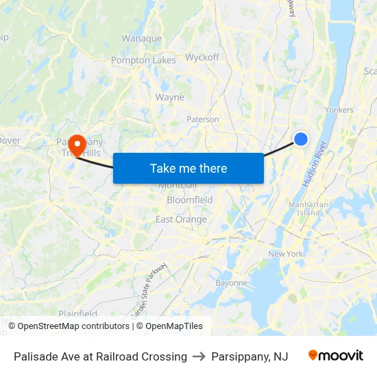 Palisade Ave at Railroad Crossing to Parsippany, NJ map