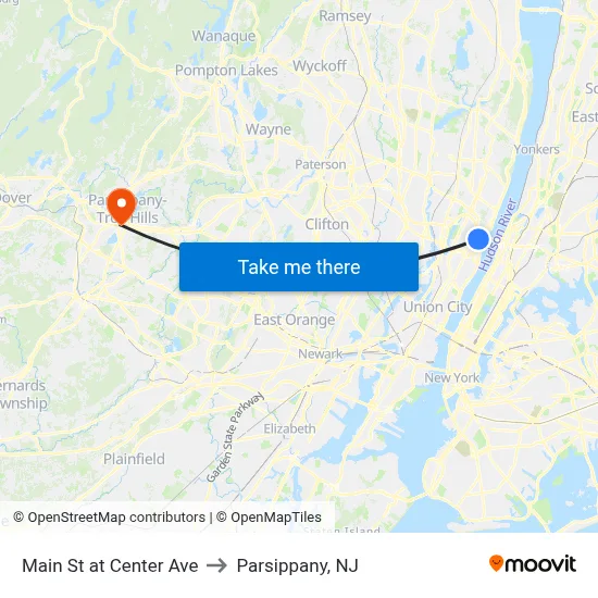 Main St at Center Ave to Parsippany, NJ map