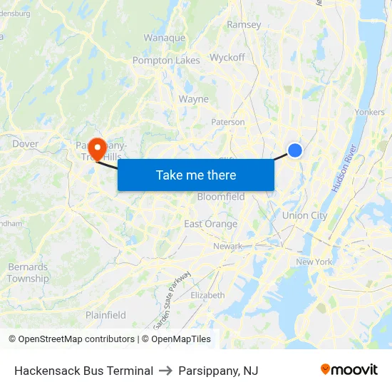 Hackensack Bus Terminal to Parsippany, NJ map