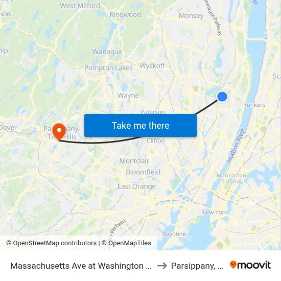 Massachusetts Ave at Washington Ave to Parsippany, NJ map