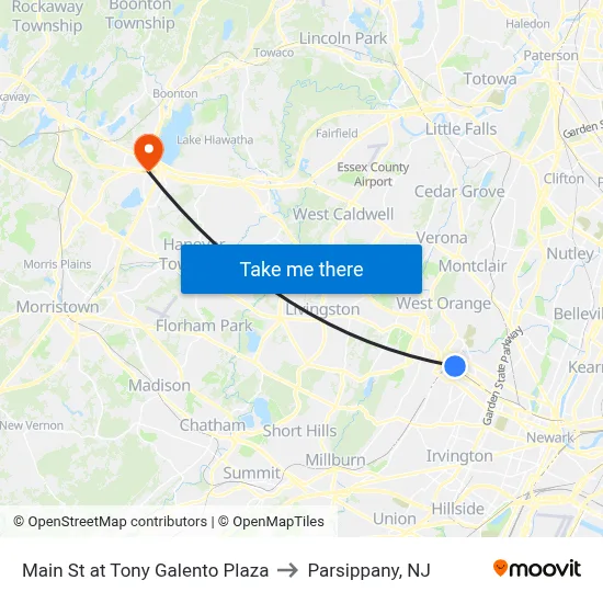 Main St at Tony Galento Plaza to Parsippany, NJ map