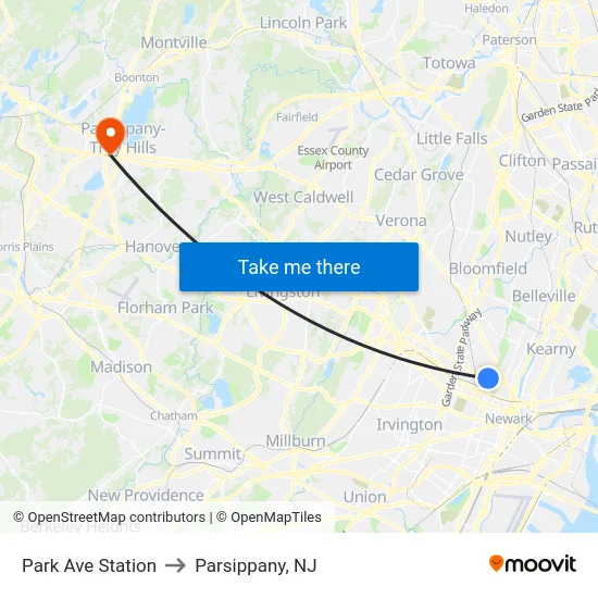 Park Ave Station to Parsippany, NJ map