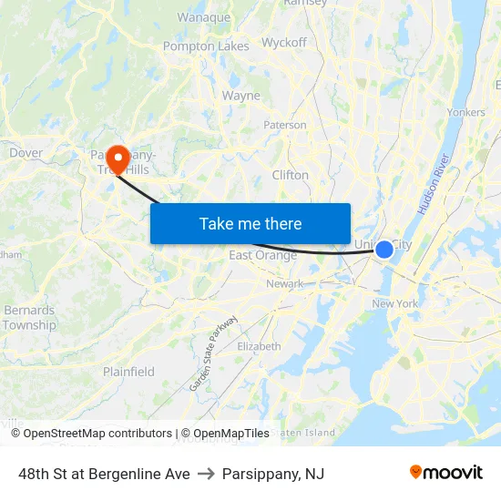 48th St at Bergenline Ave to Parsippany, NJ map