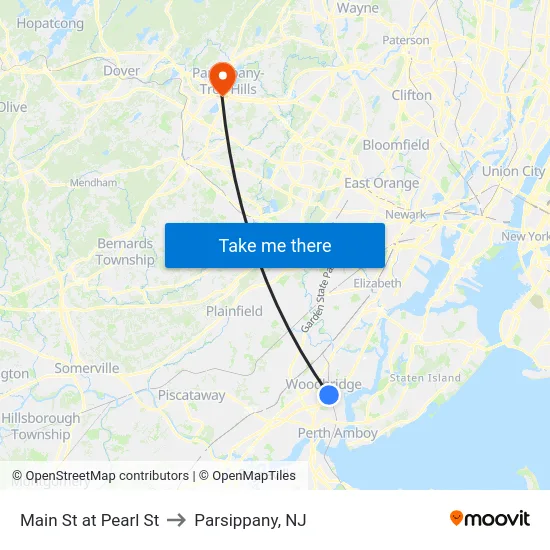 Main St at Pearl St to Parsippany, NJ map