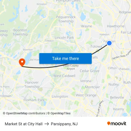 Market St at City Hall to Parsippany, NJ map