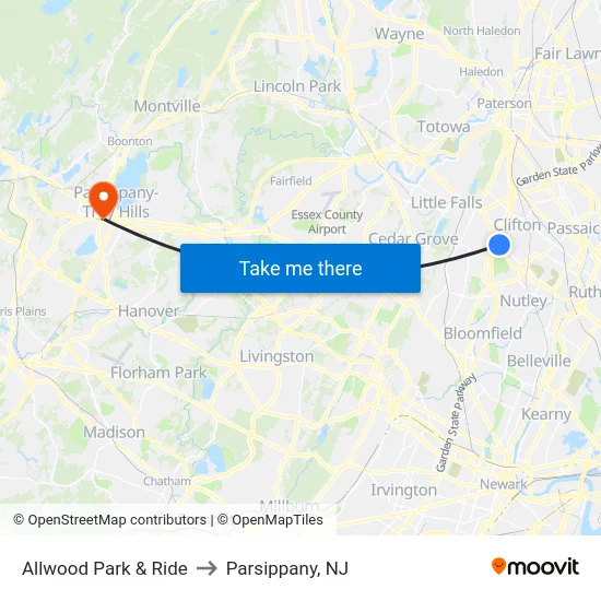 Allwood Park & Ride to Parsippany, NJ map