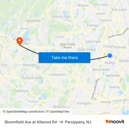 Bloomfield Ave at Allwood Rd to Parsippany, NJ map