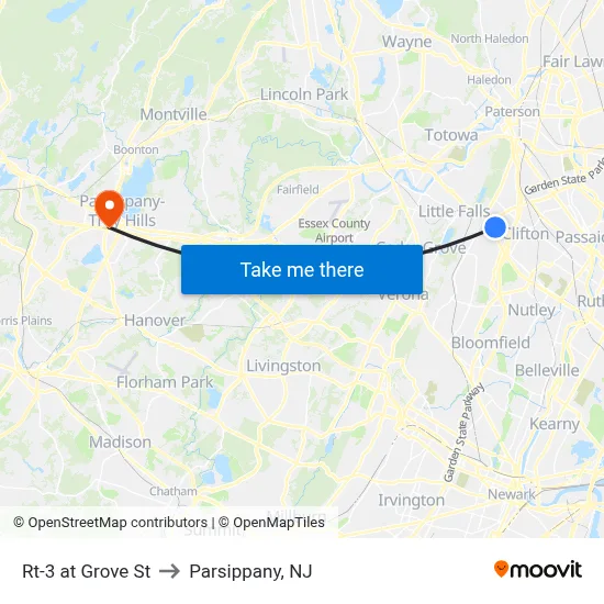 Rt-3 at Grove St to Parsippany, NJ map