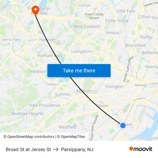 Broad St at Jersey St to Parsippany, NJ map