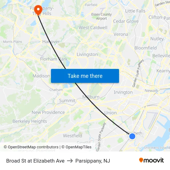 Broad St at Elizabeth Ave to Parsippany, NJ map
