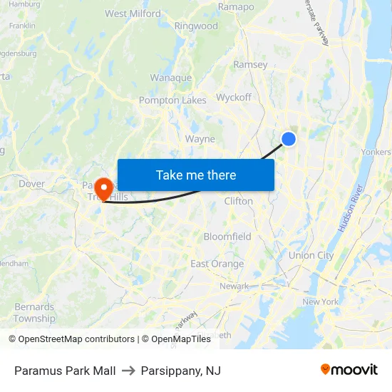 Paramus Park Mall to Parsippany, NJ map