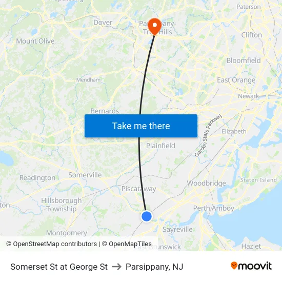 Somerset St at George St to Parsippany, NJ map