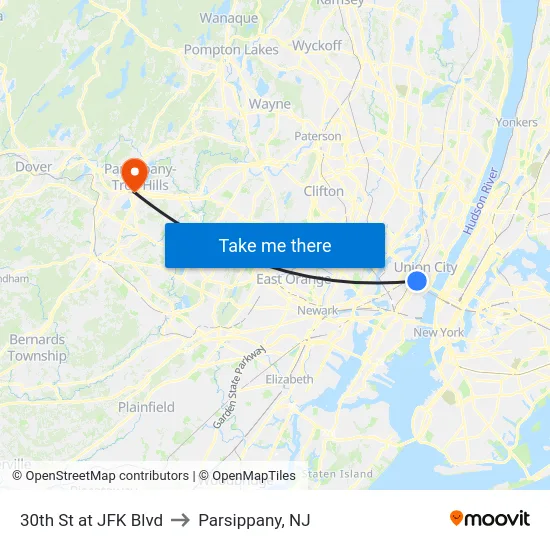 30th St at JFK Blvd to Parsippany, NJ map