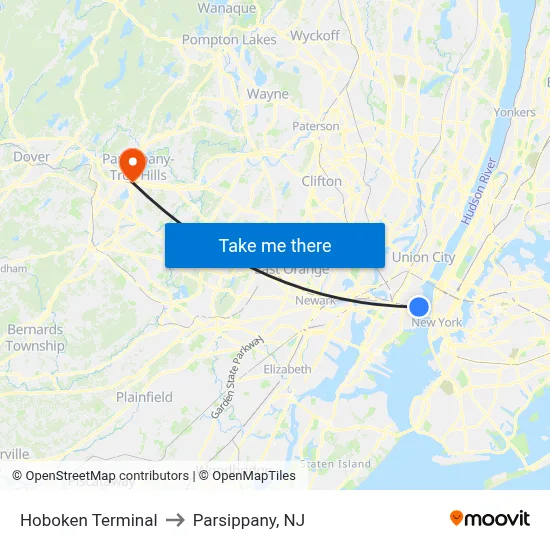 Hoboken Terminal to Parsippany, NJ map