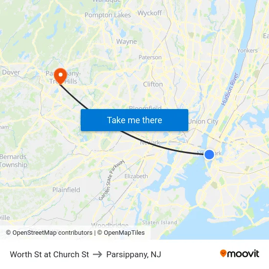 Worth St at Church St to Parsippany, NJ map