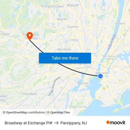 Broadway at Exchange Pl# to Parsippany, NJ map