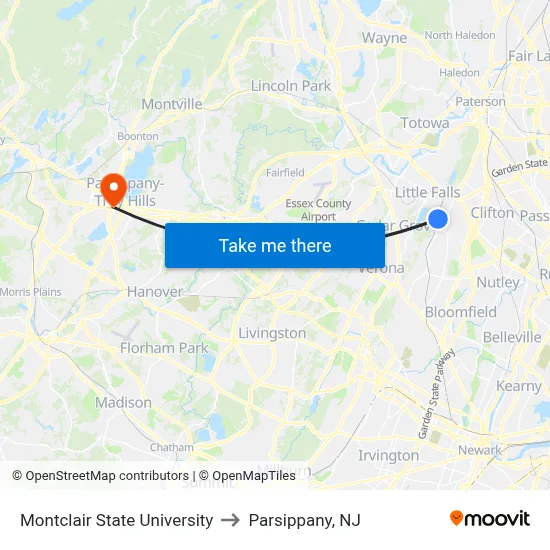 Montclair State University to Parsippany, NJ map